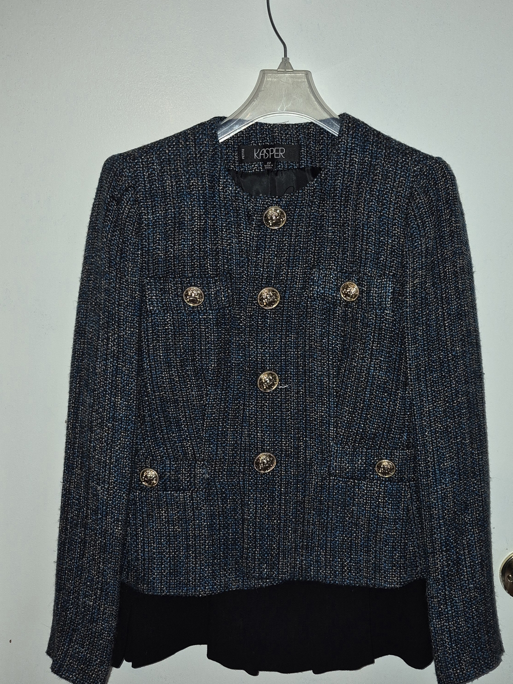 Kasper Navy and Gold Tweed Buttoned Blazer